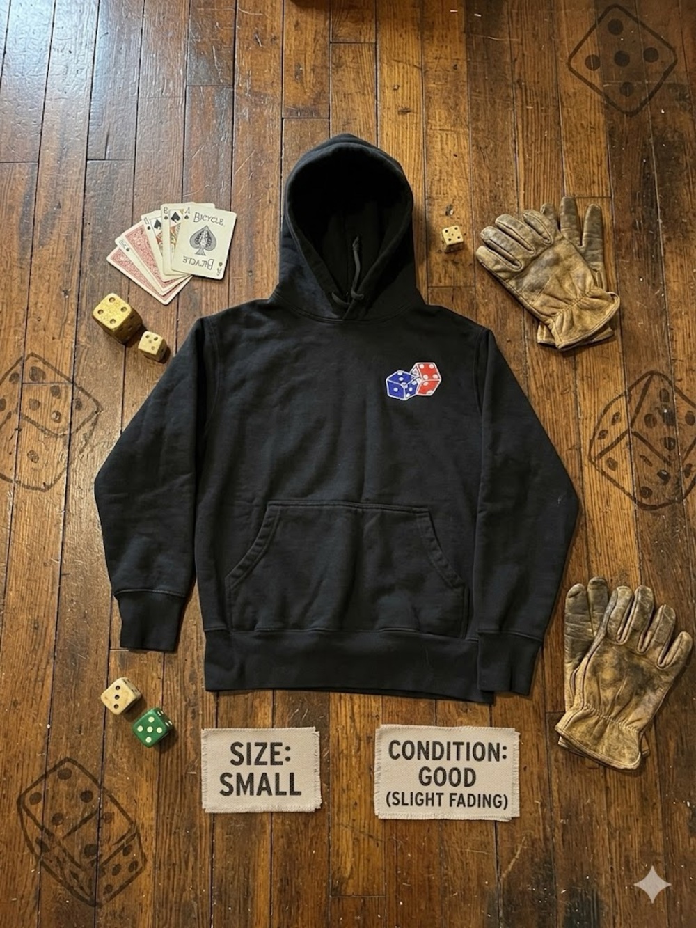 Black Men's Hooded Sweatshirt with Red & Blue Dice Chest Graphic - Small
